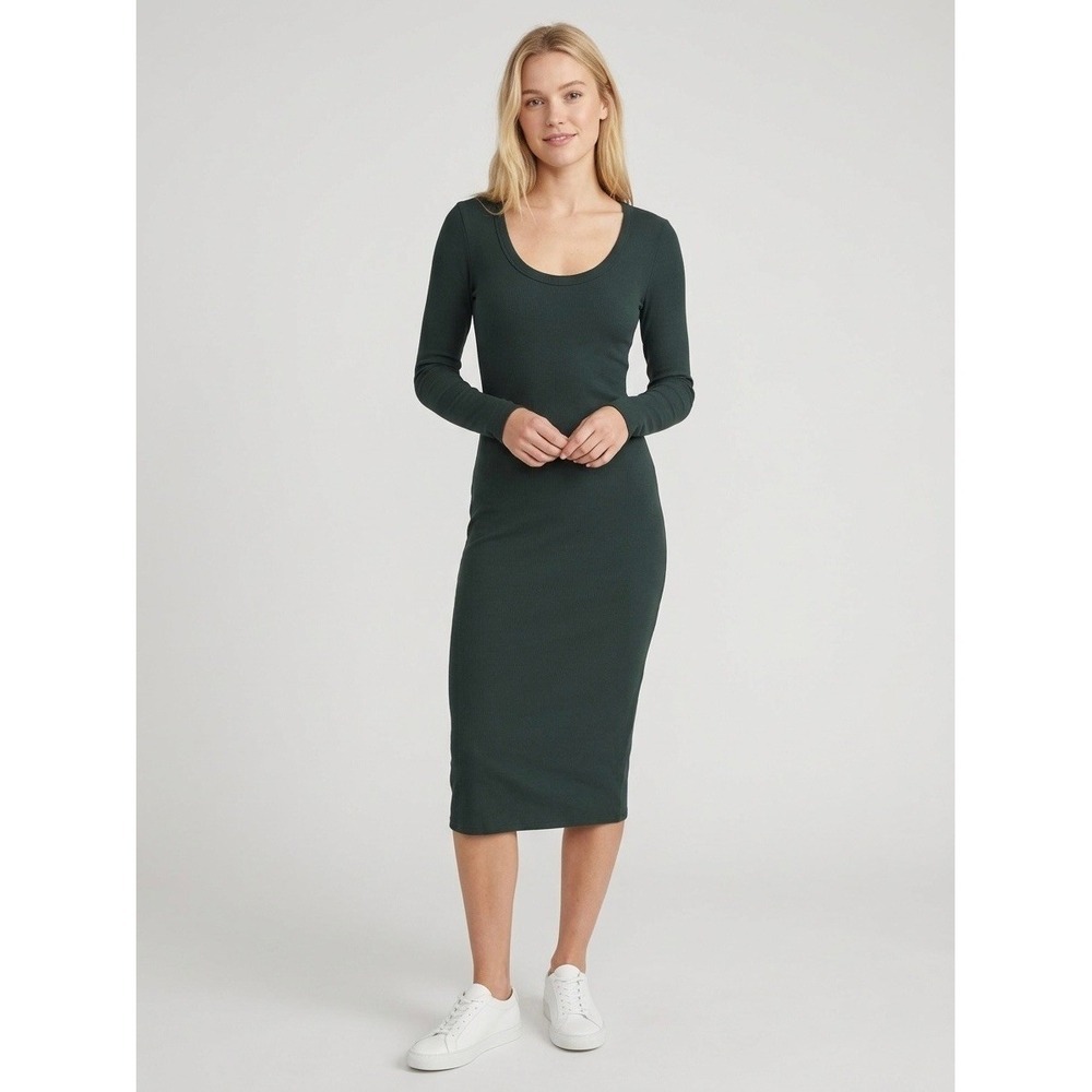 Marine Layer Women Green Ribbed Scoop Neck Long Sleeve Midi Bodycon Dress Small